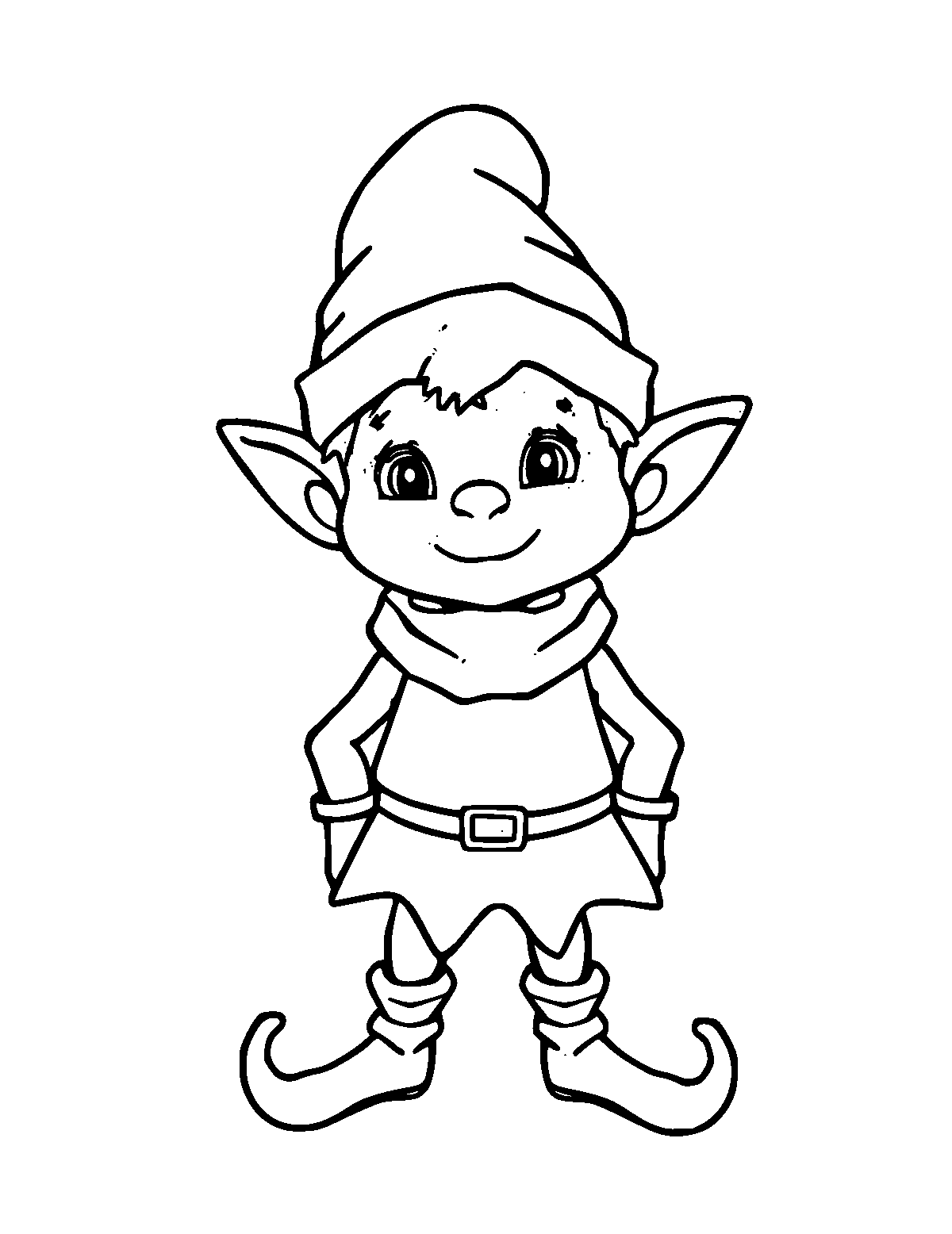 Line-art coloring page of Christmas Elf, medium outlines, centered