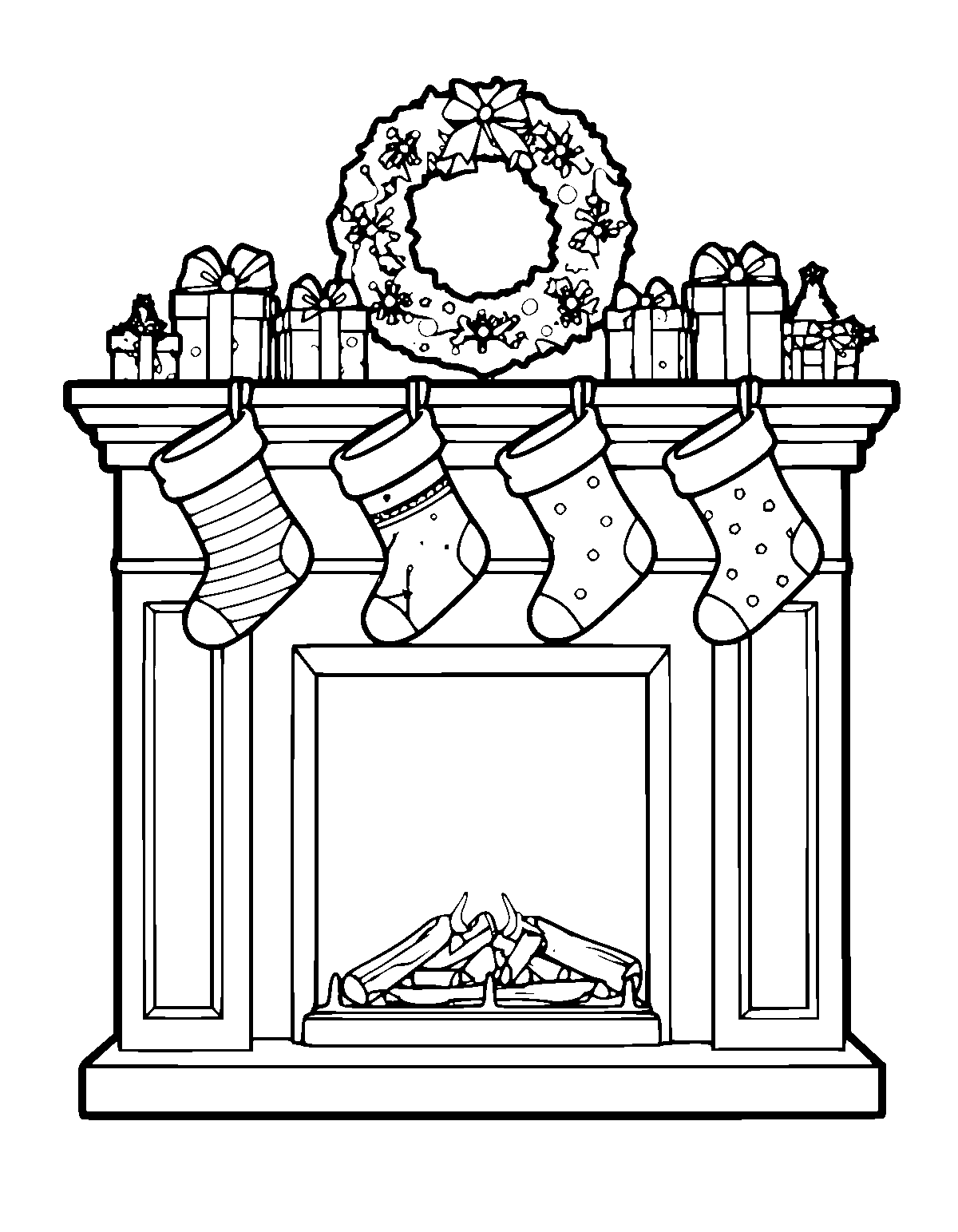 Line-art coloring page of Stockings Fireplace Christmas, stockings fireplace, medium outlines, centered