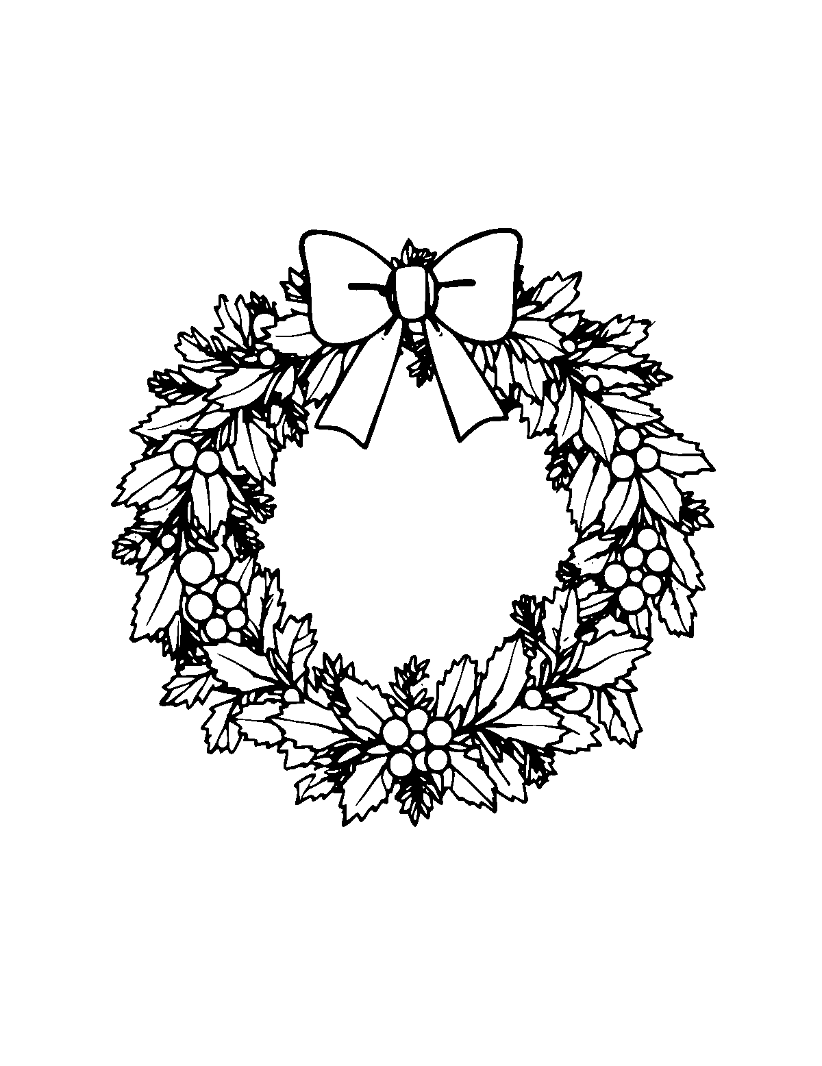 Line-art coloring page of Christmas Wreath, medium outlines, centered