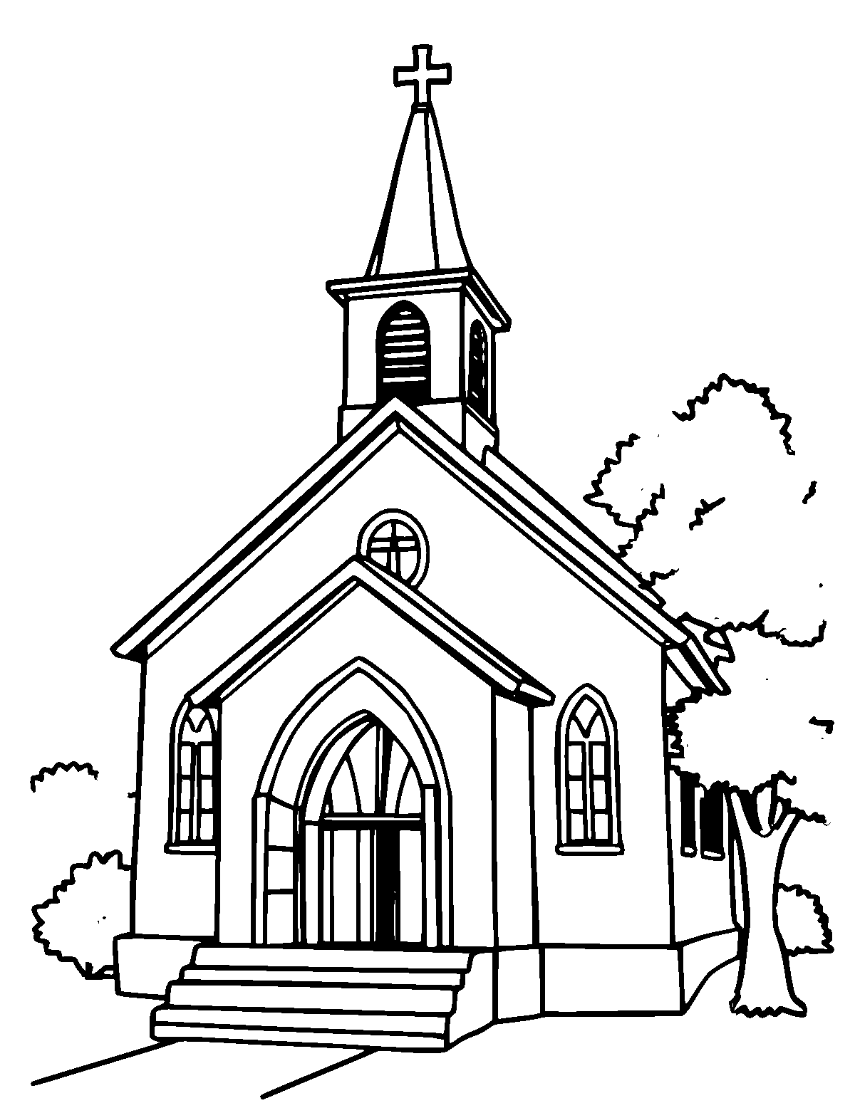 Line-art coloring page of Church, medium outlines, centered
