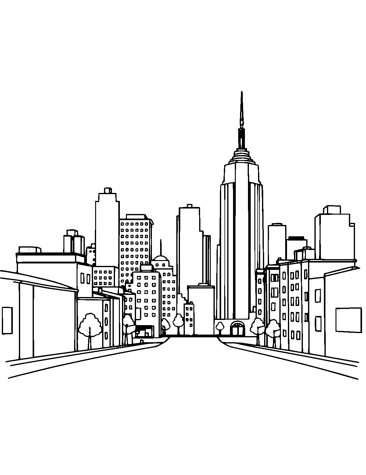 Line-art coloring page of City, medium outlines, centered