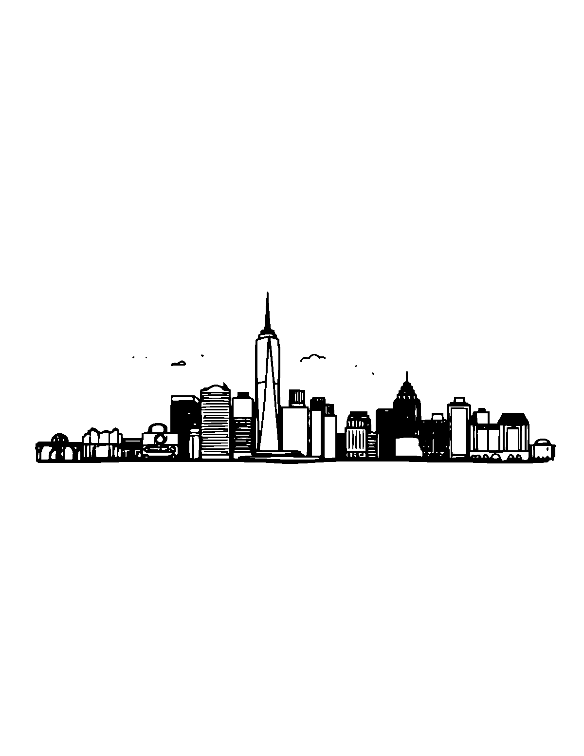 Line-art coloring page of City Skyline, medium outlines, centered