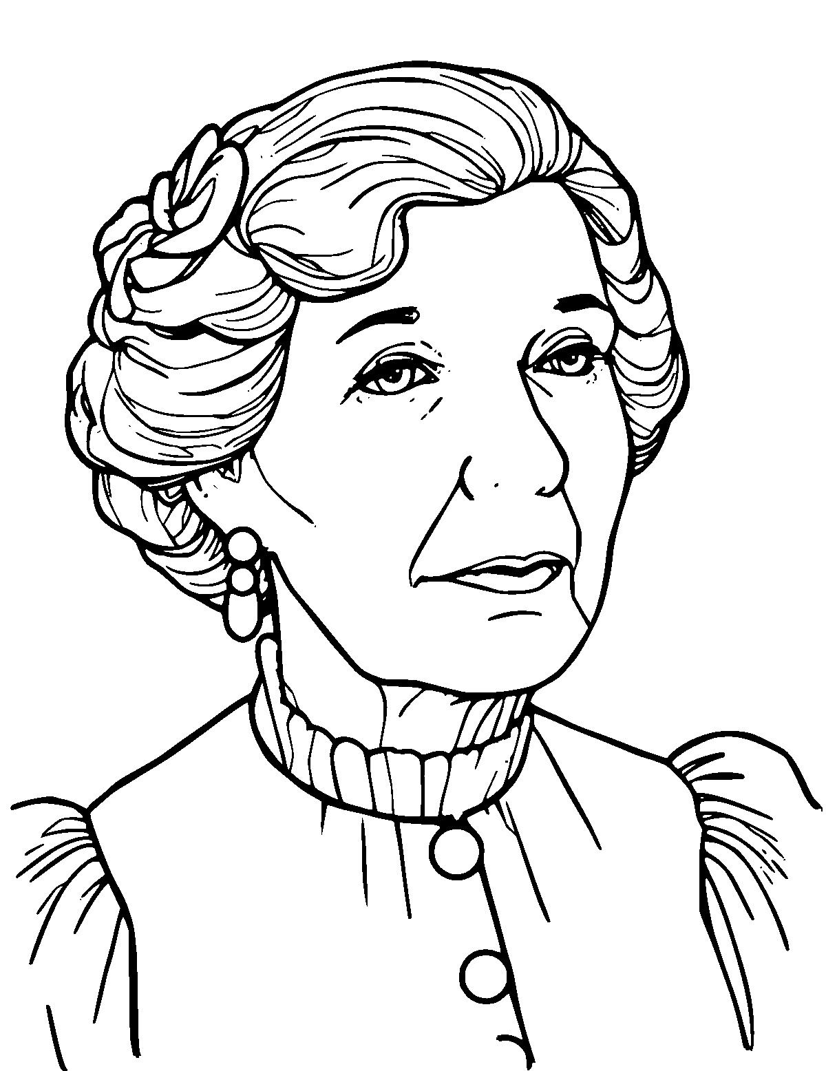 Line-art coloring page of Clara Barton, medium outlines, centered