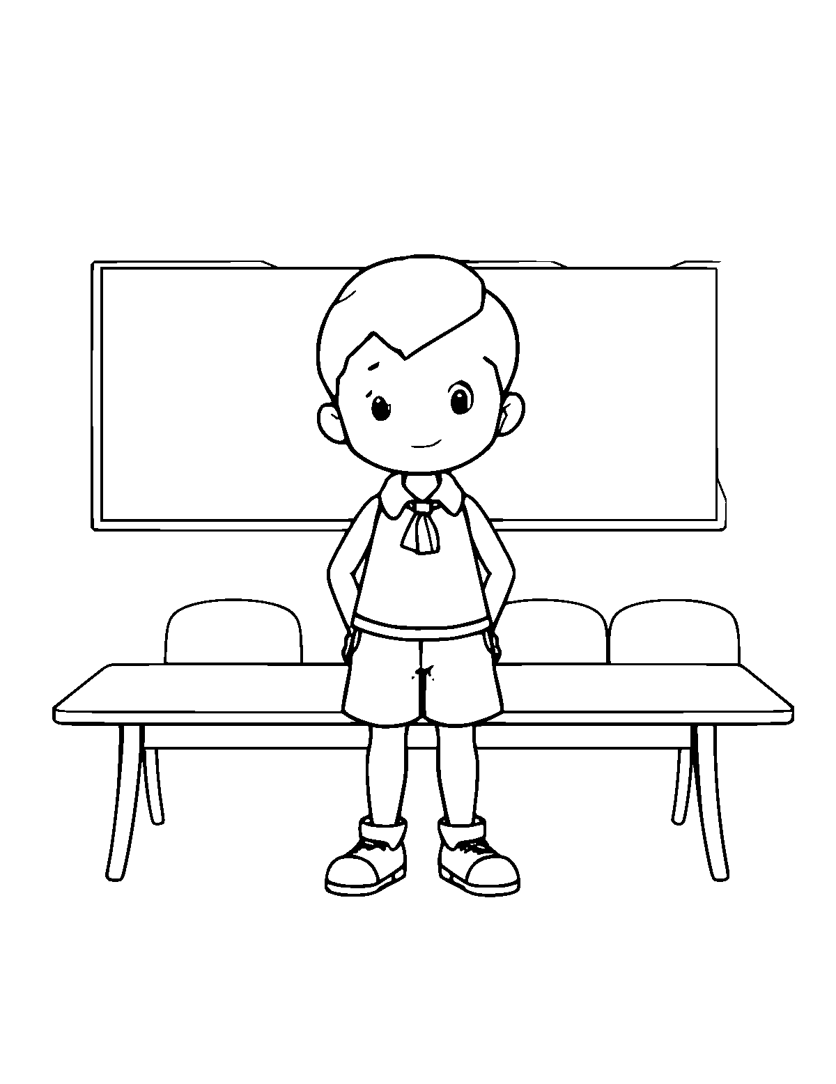 Line-art coloring page of Classroom, medium outlines, centered