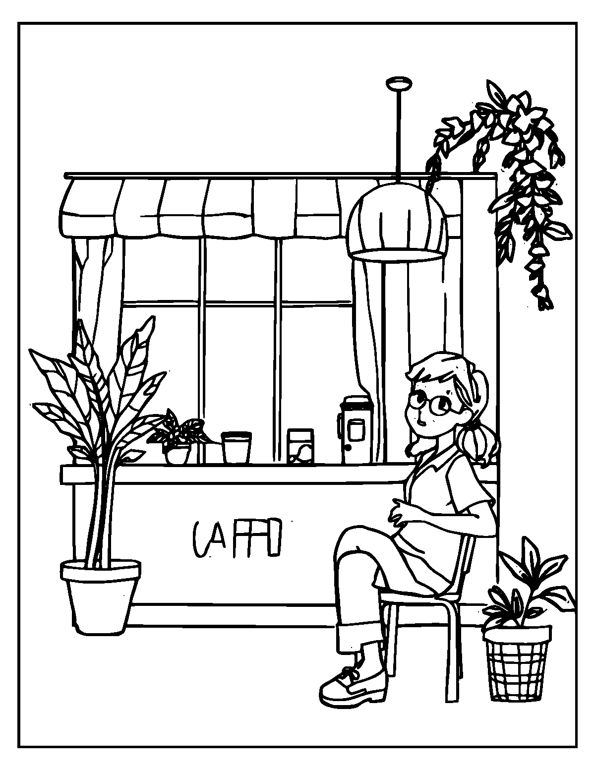 Line-art coloring page of Coffee Shop, medium outlines, centered