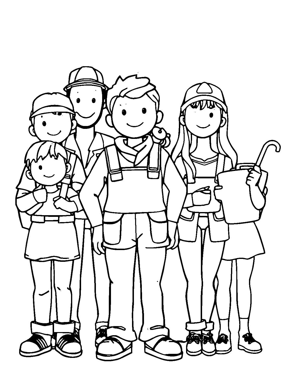 Line-art coloring page of Community Helpers, medium outlines, centered