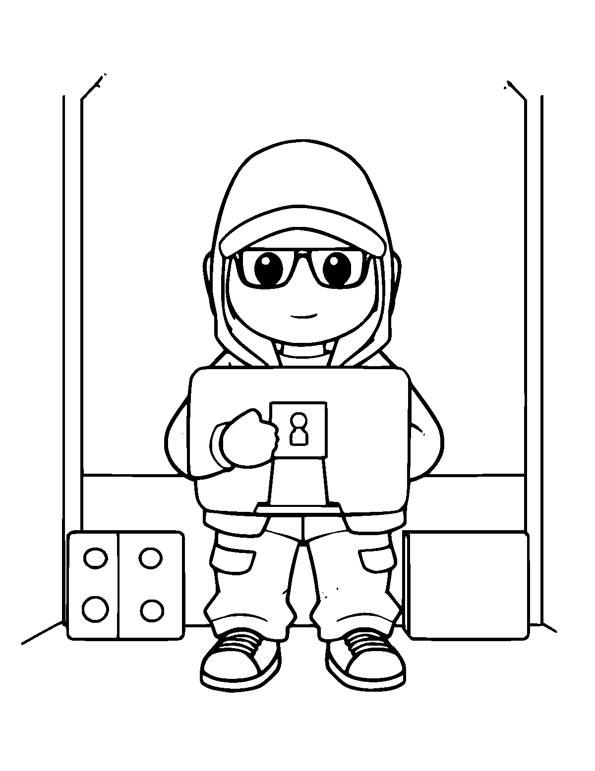 Line-art coloring page of Computer Security, medium outlines, centered
