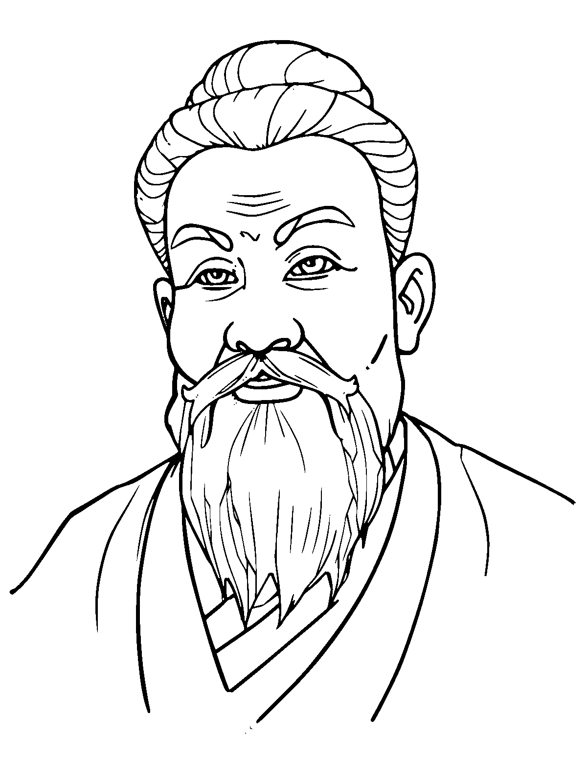 Line-art coloring page of Confucius, medium outlines, centered