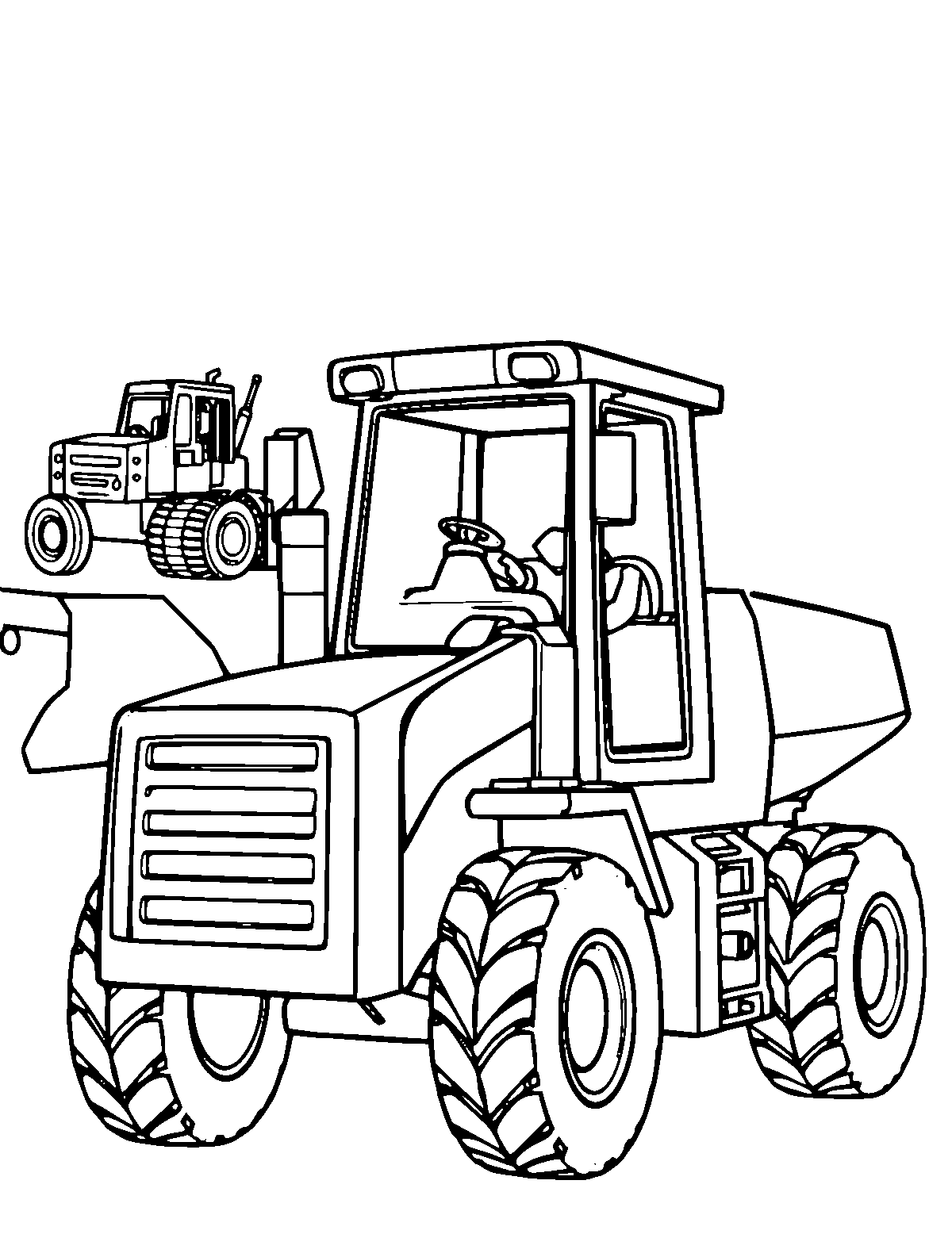 Line-art coloring page of Construction Vehicles, medium outlines, centered