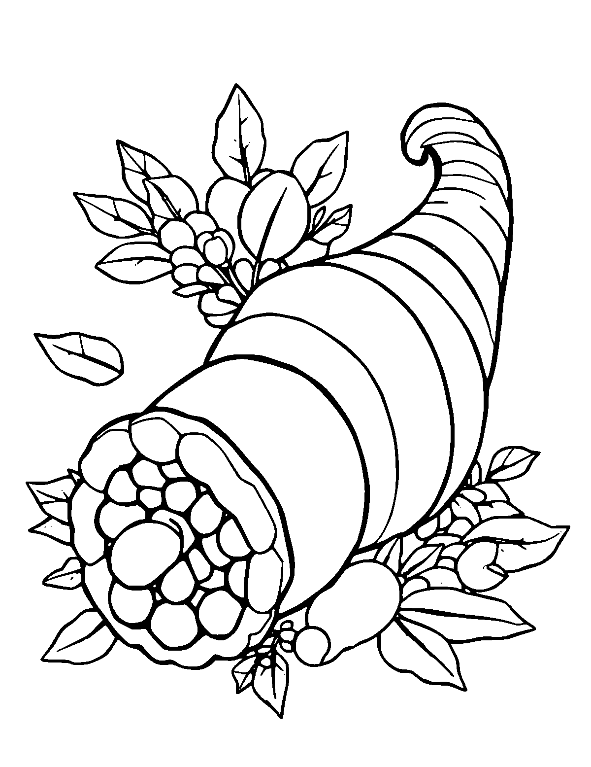 Line-art coloring page of Cornucopia, medium outlines, centered