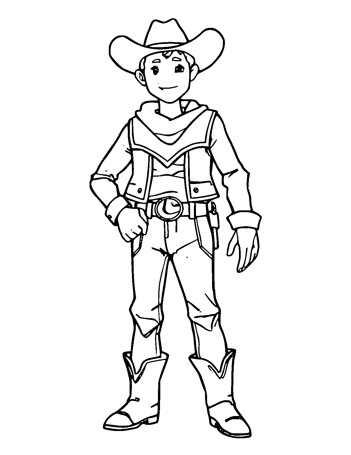 Line-art coloring page of Cowboy, medium outlines, centered