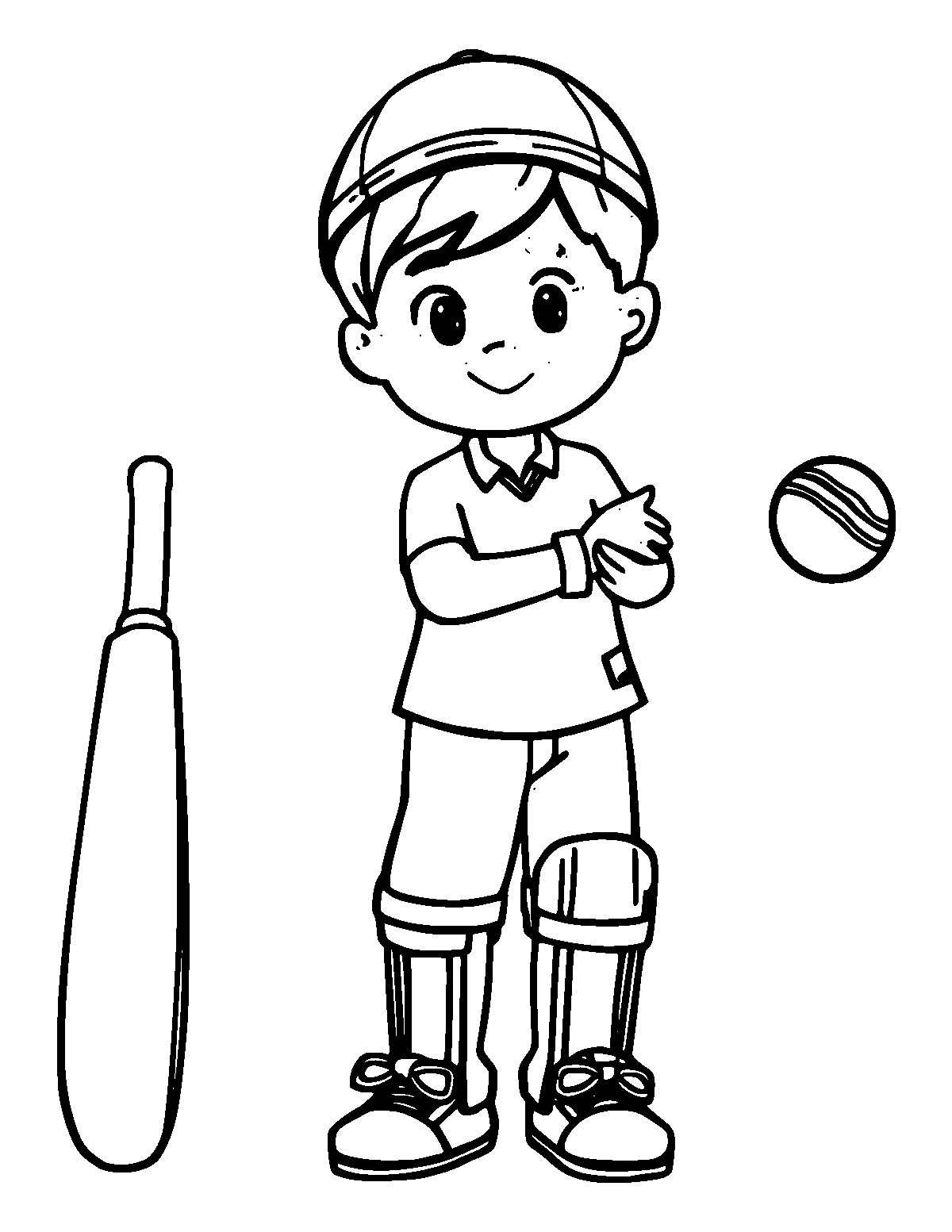 Line-art coloring page of Cricket Bat and Ball, medium outlines, centered