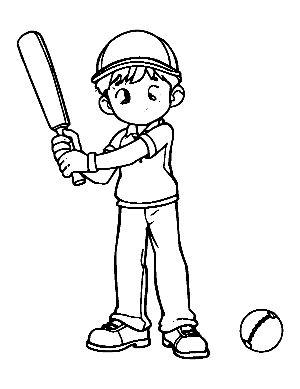 Line-art coloring page of Cricket Bat and Ball, medium outlines, centered