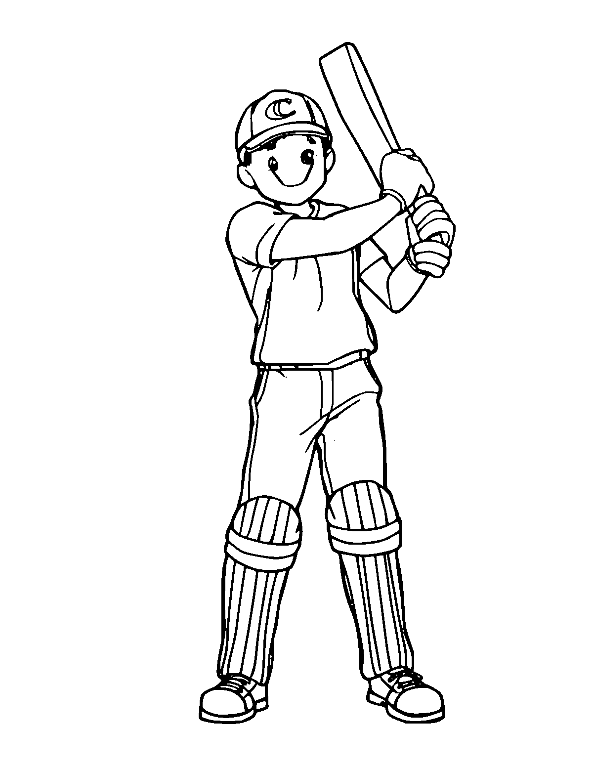 Line-art coloring page of Cricket Player, medium outlines, centered