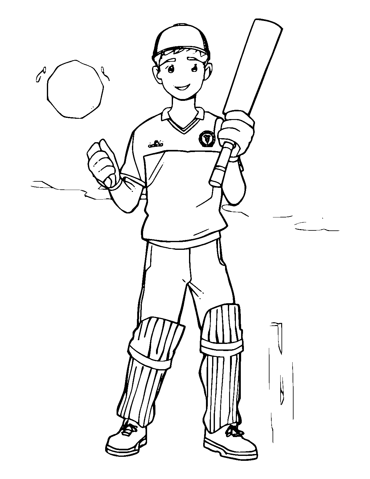 Line-art coloring page of Cricket Player, medium outlines, centered
