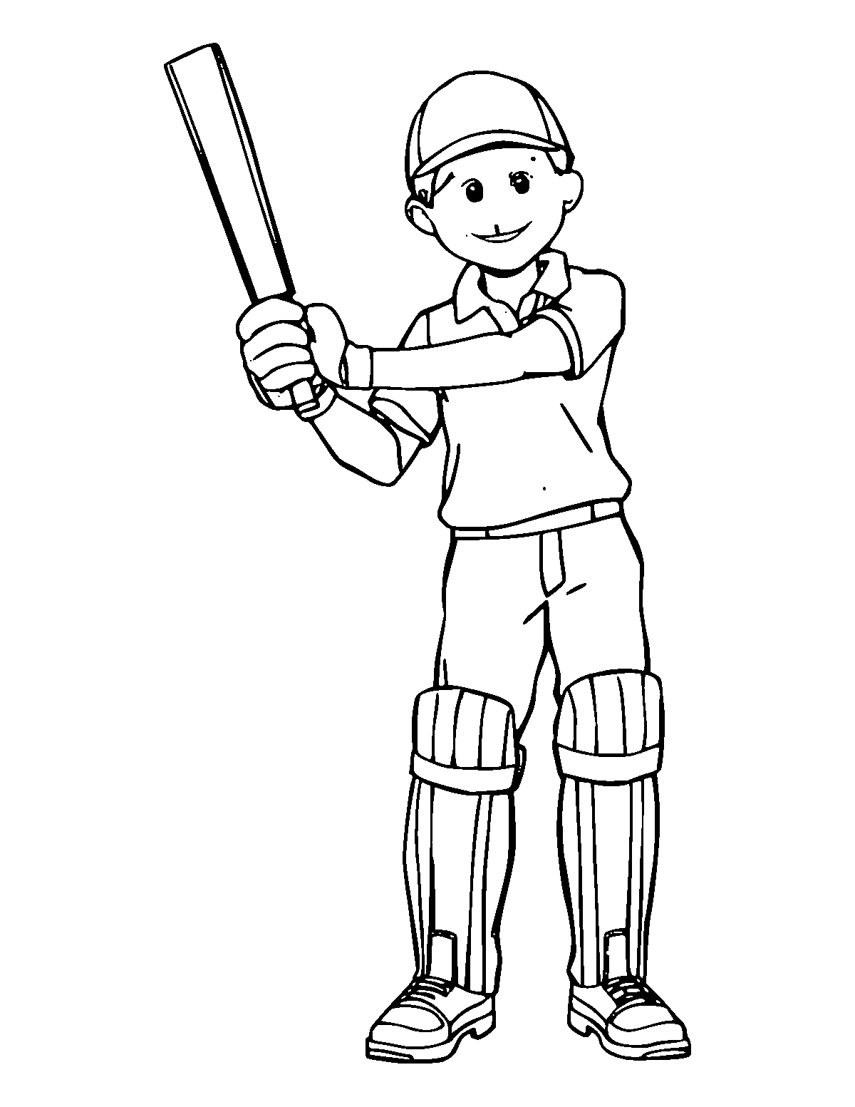Line-art coloring page of Cricket Player, medium outlines, centered
