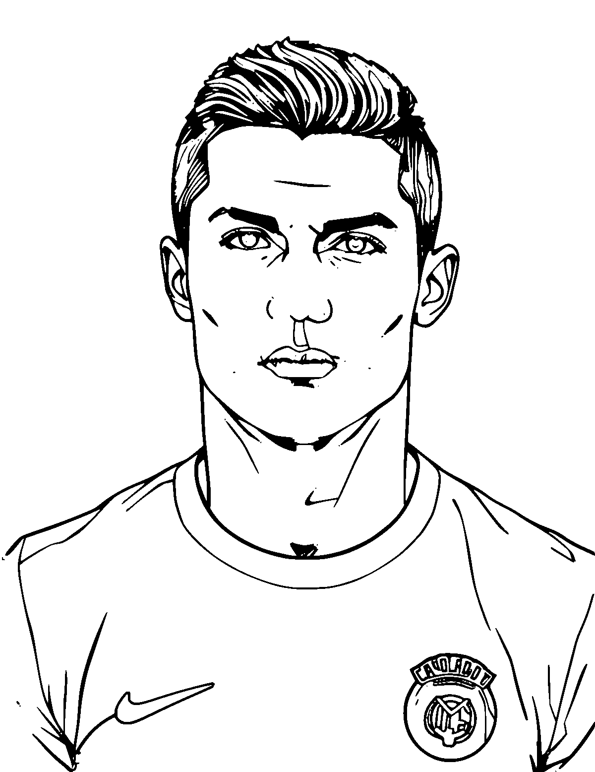Line-art coloring page of Cristiano Ronaldo, medium outlines, centered