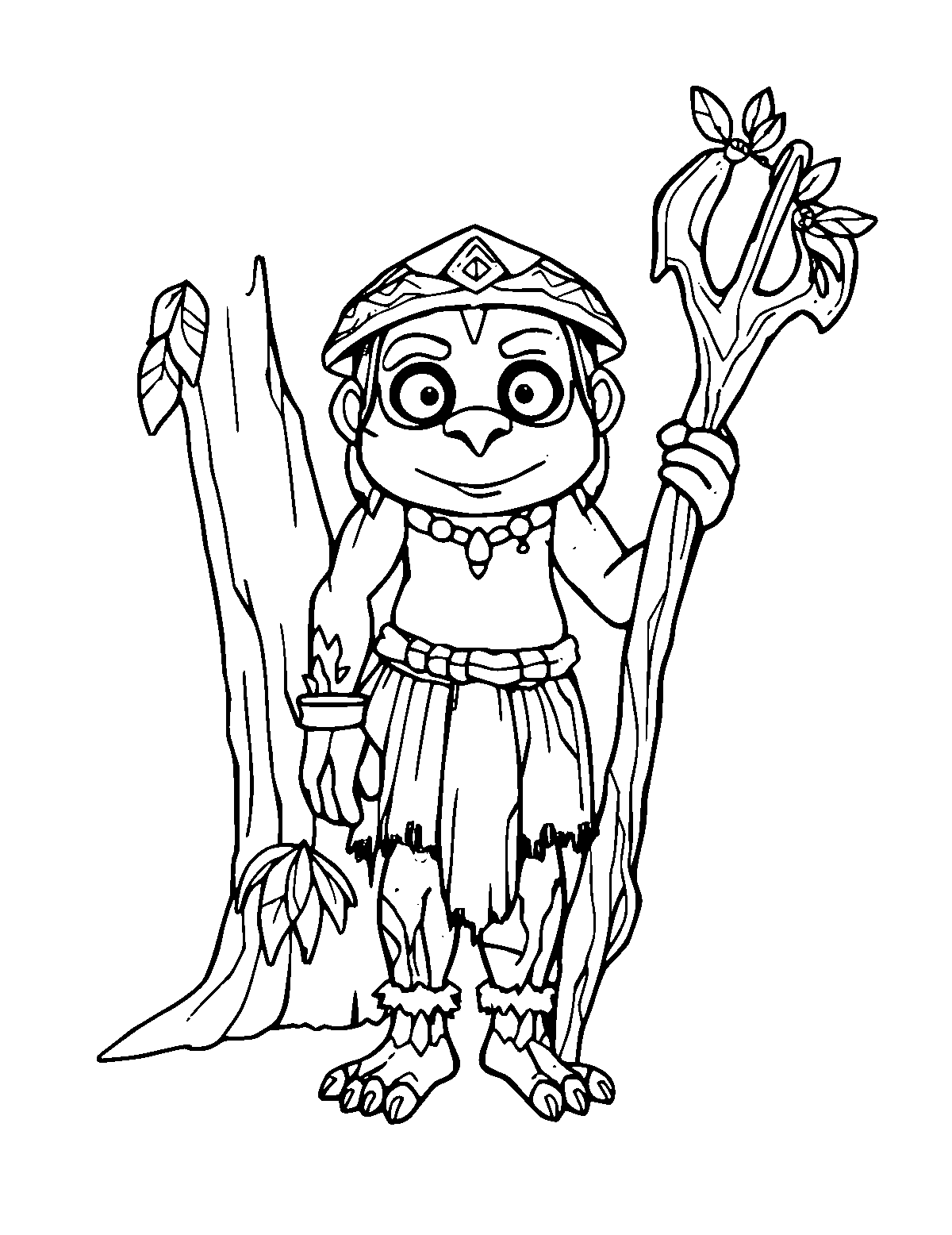Line-art coloring page of Curupira the Forest Protector, medium outlines, centered