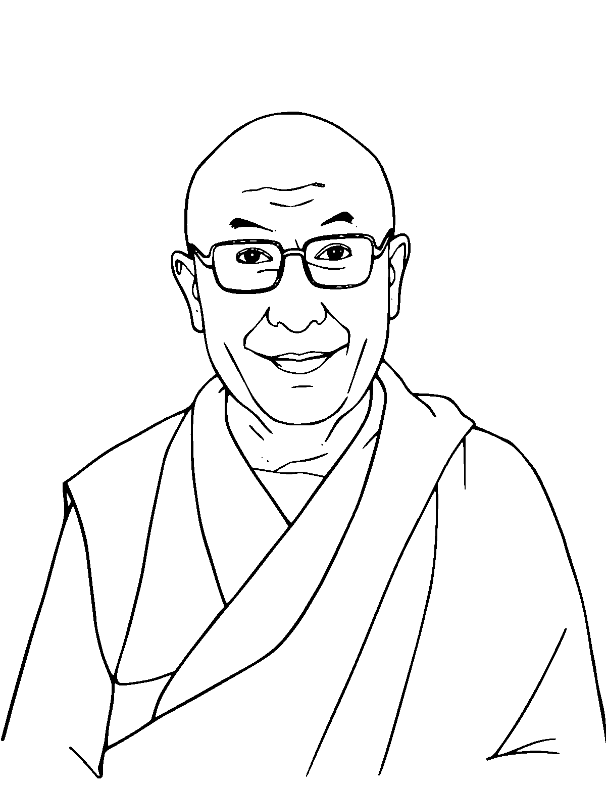 Line-art coloring page of Dalai Lama, medium outlines, centered