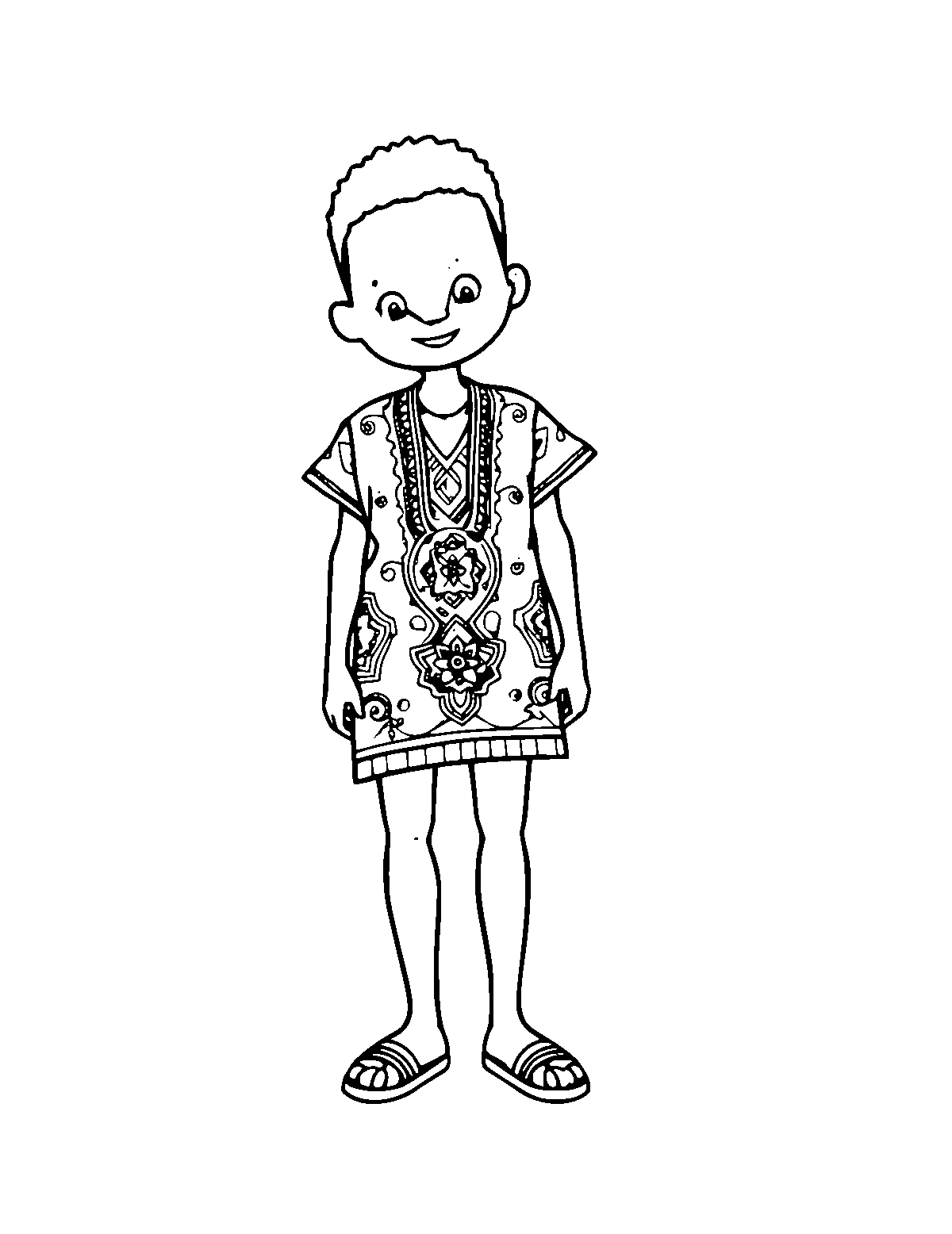 Line-art coloring page of Dashiki, medium outlines, centered