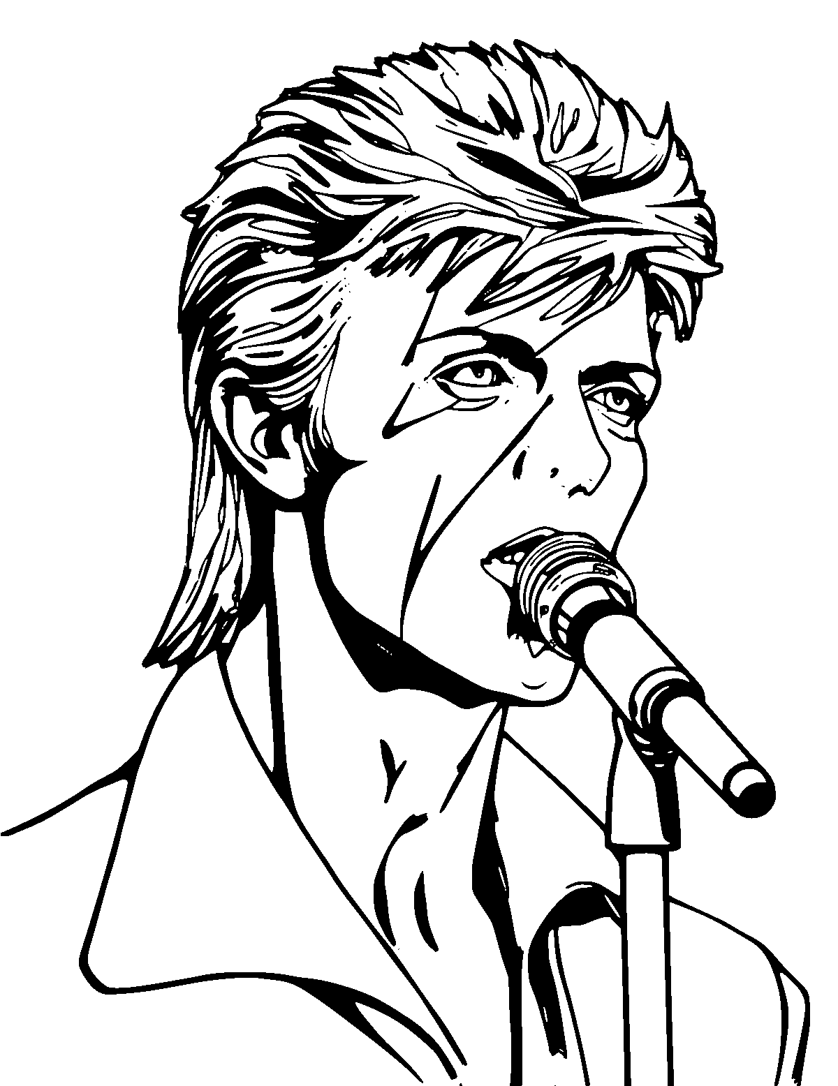 Line-art coloring page of David Bowie, medium outlines, centered