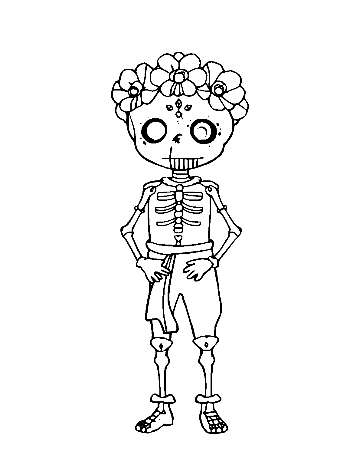 Line-art coloring page of Day of the Dead, medium outlines, centered