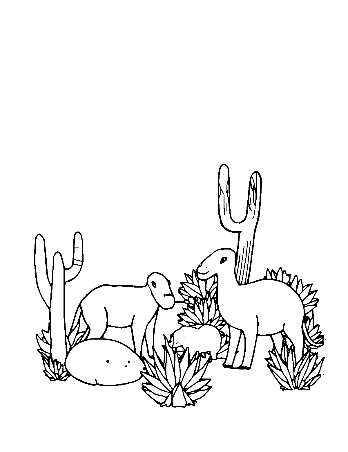 Line-art coloring page of Desert Animals, medium outlines, centered