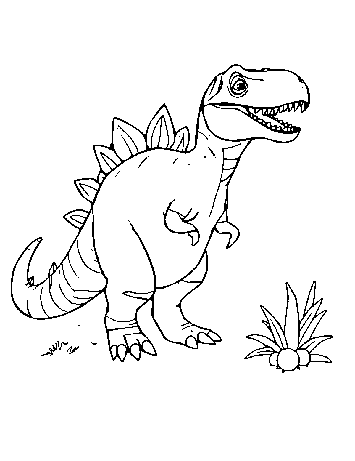 Line-art coloring page of Dinosaur Scene, medium outlines, centered