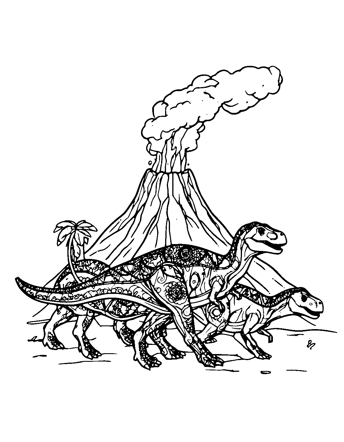 Line-art coloring page of Volcano Dinosaur, volcano, medium outlines, centered