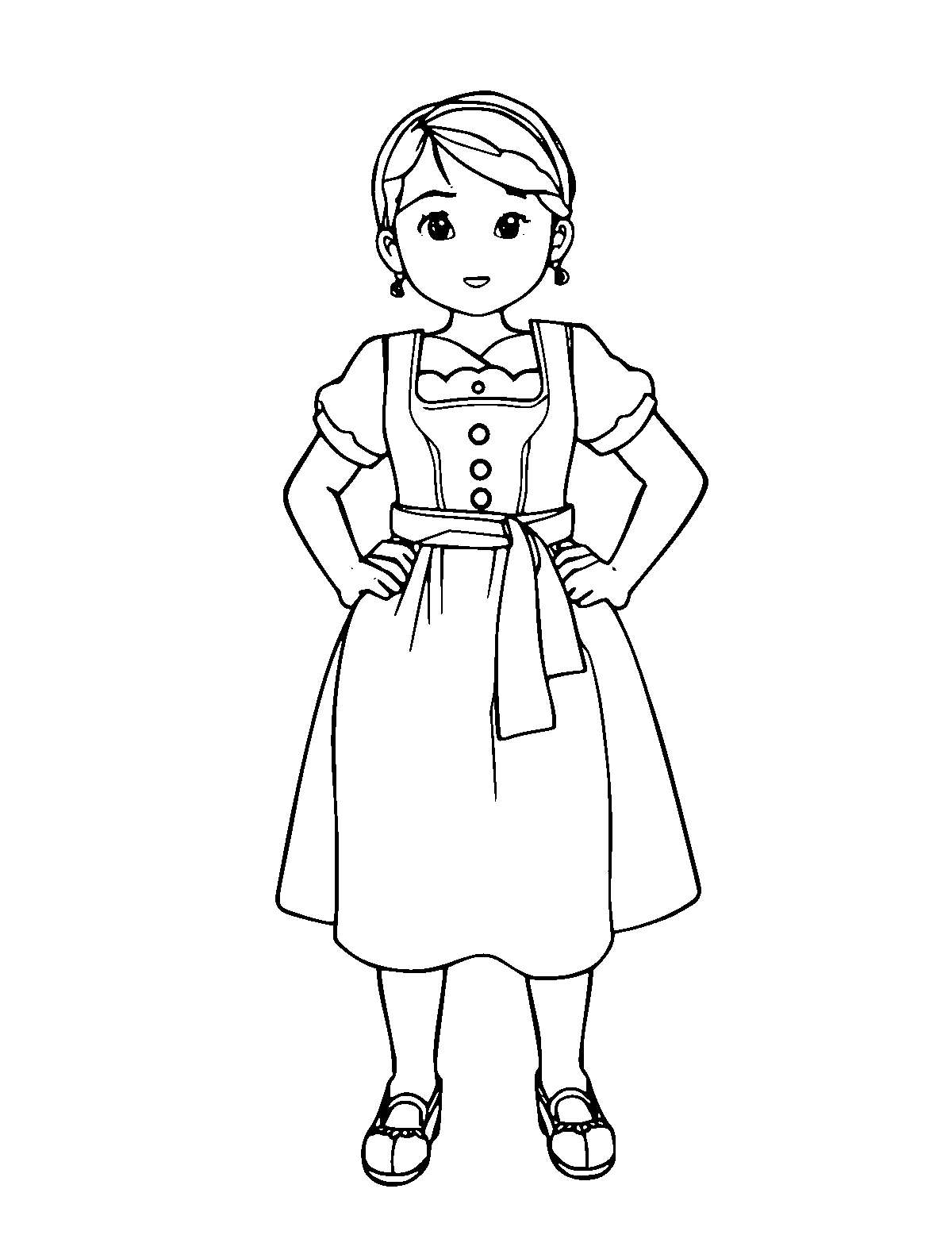 Line-art coloring page of Dirndl, medium outlines, centered