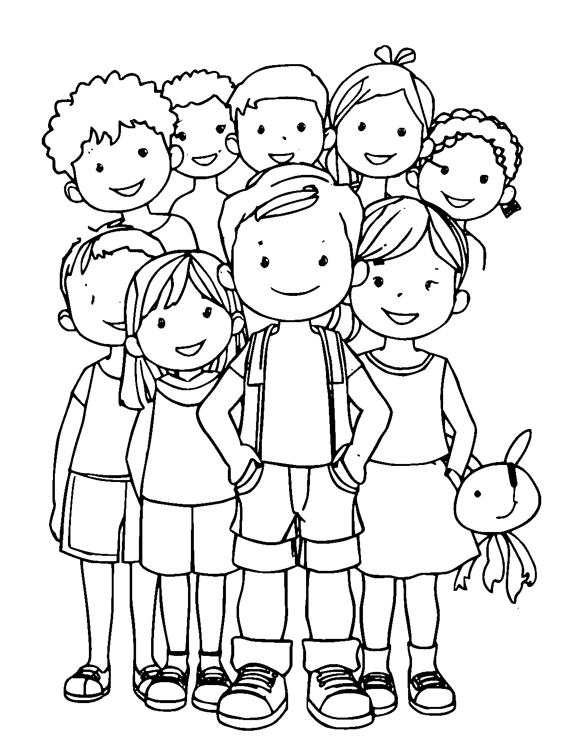 Line-art coloring page of Diverse Kids, medium outlines, centered