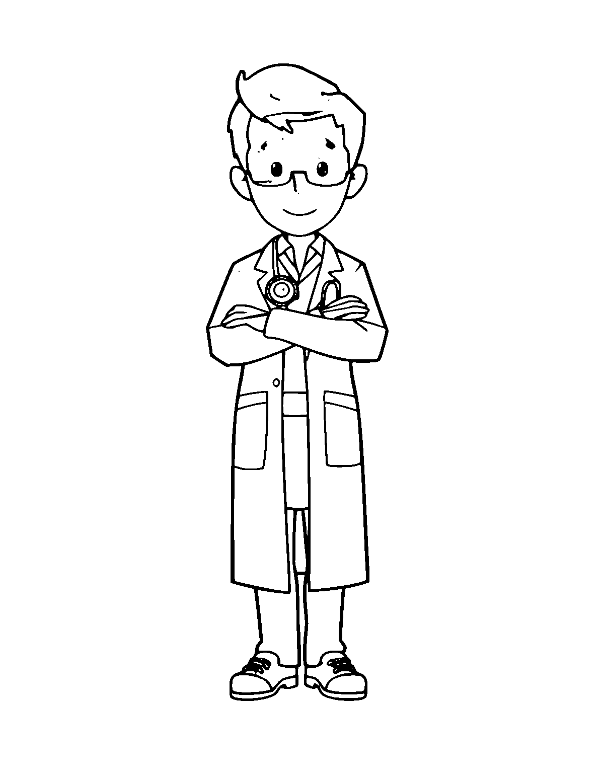 Line-art coloring page of Doctor, medium outlines, centered