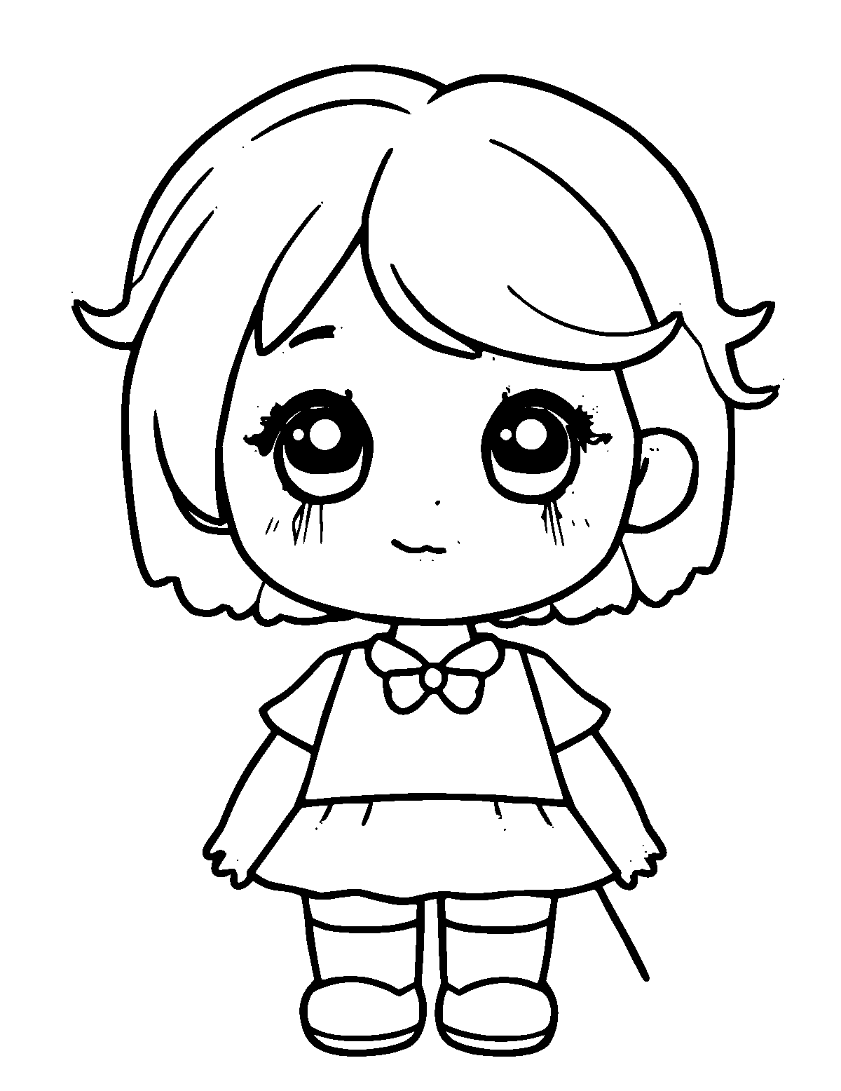 Line-art coloring page of Doll, thick outlines, centered