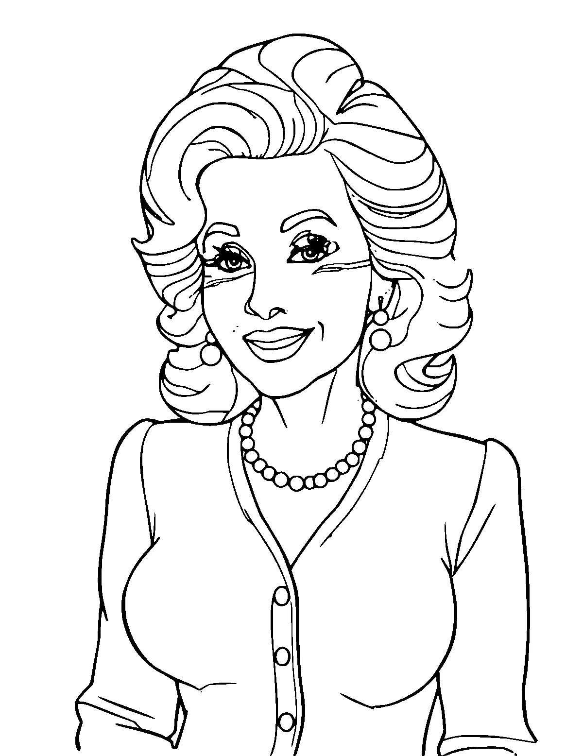 Line-art coloring page of Dolly Parton, medium outlines, centered