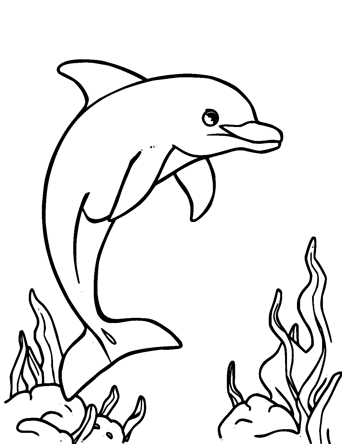 Line-art coloring page of Dolphin, thick outlines, centered