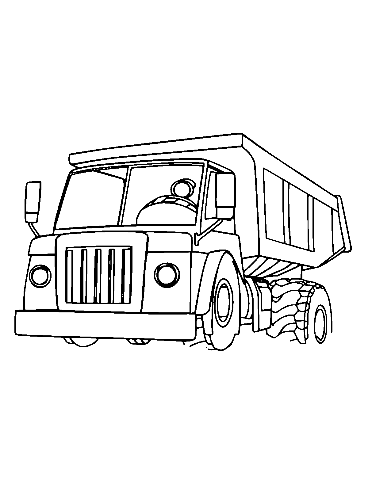 Line-art coloring page of Dump Truck, medium outlines, centered