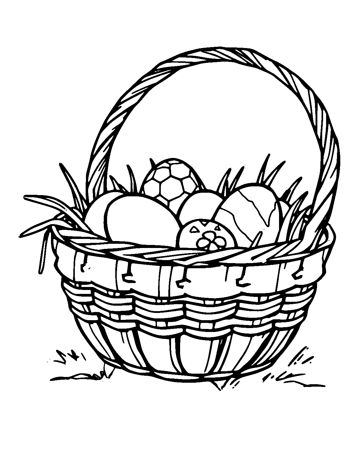 Line-art coloring page of Easter Basket, medium outlines, centered