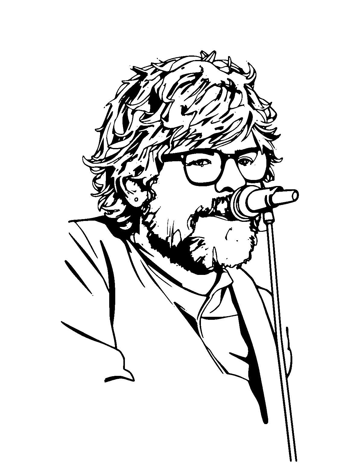 Line-art coloring page of Ed Sheeran, medium outlines, centered