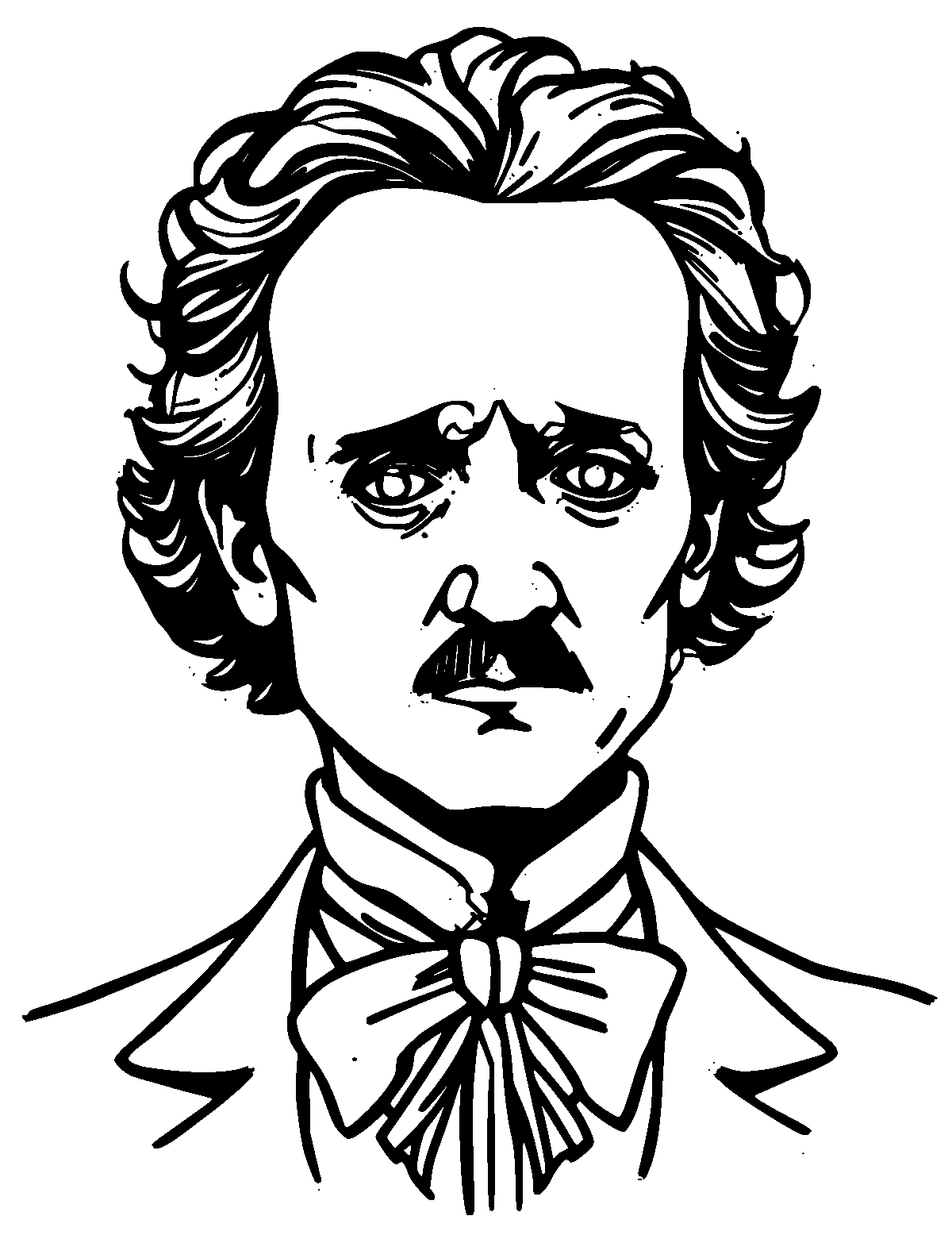 Line-art coloring page of Edgar Allan Poe, thick outlines, centered