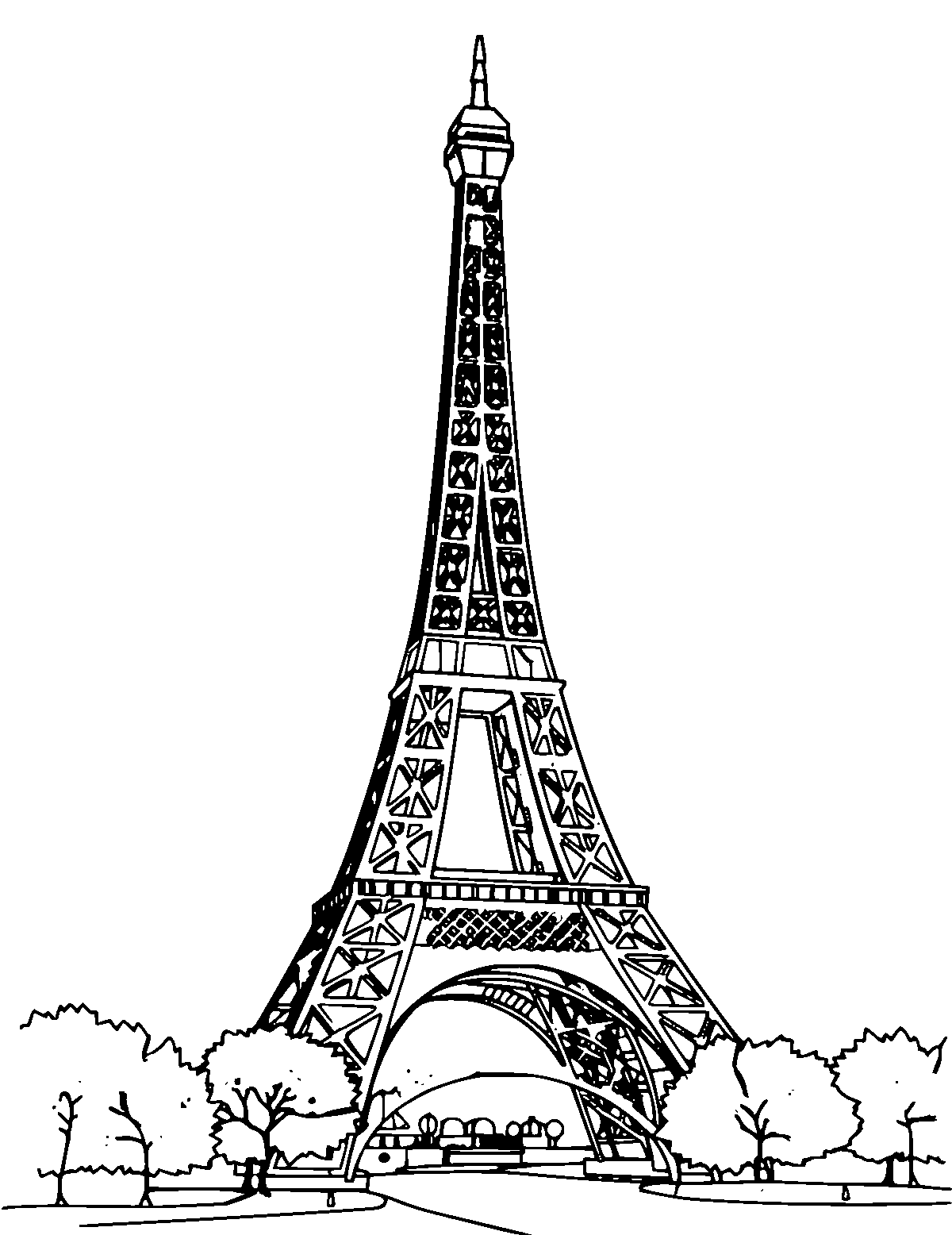 Line-art coloring page of Eiffel Tower, medium outlines, centered