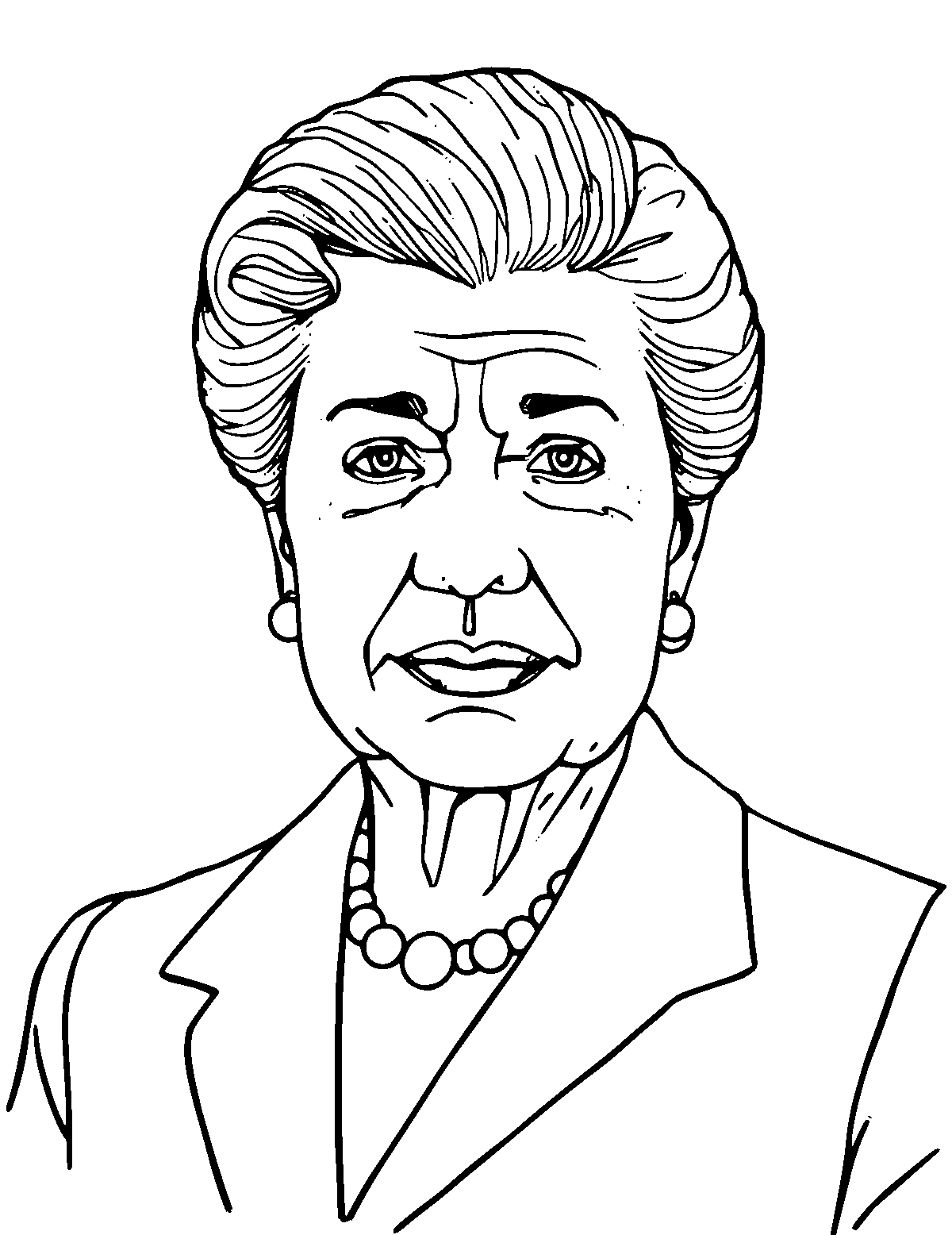 Line-art coloring page of Eleanor Roosevelt, medium outlines, centered