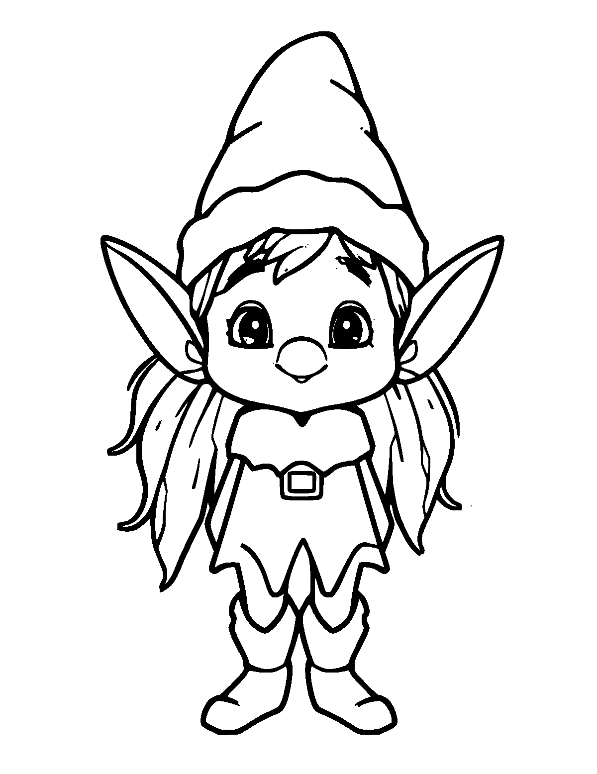 Line-art coloring page of Elf, thick outlines, centered
