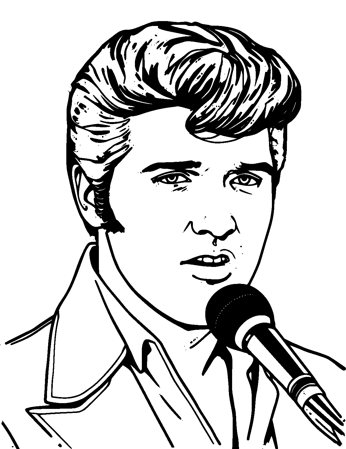 Line-art coloring page of Elvis Presley, thick outlines, centered