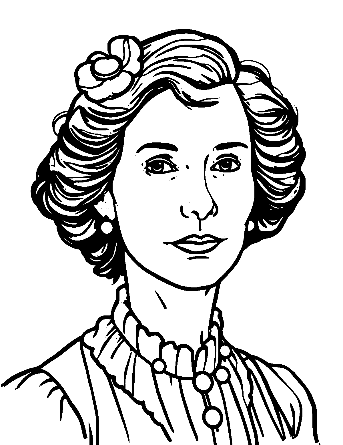 Line-art coloring page of Emily Dickinson, thick outlines, centered