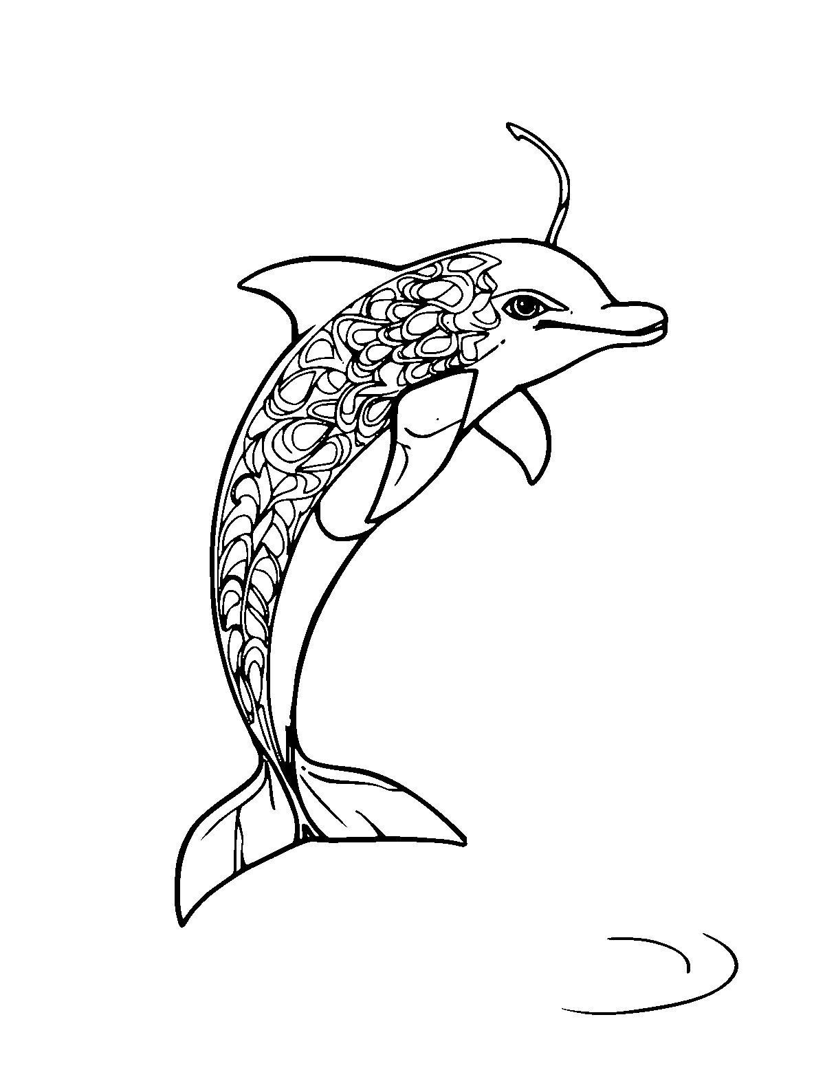 Line-art coloring page of Encantado the River Dolphin Spirit, medium outlines, centered