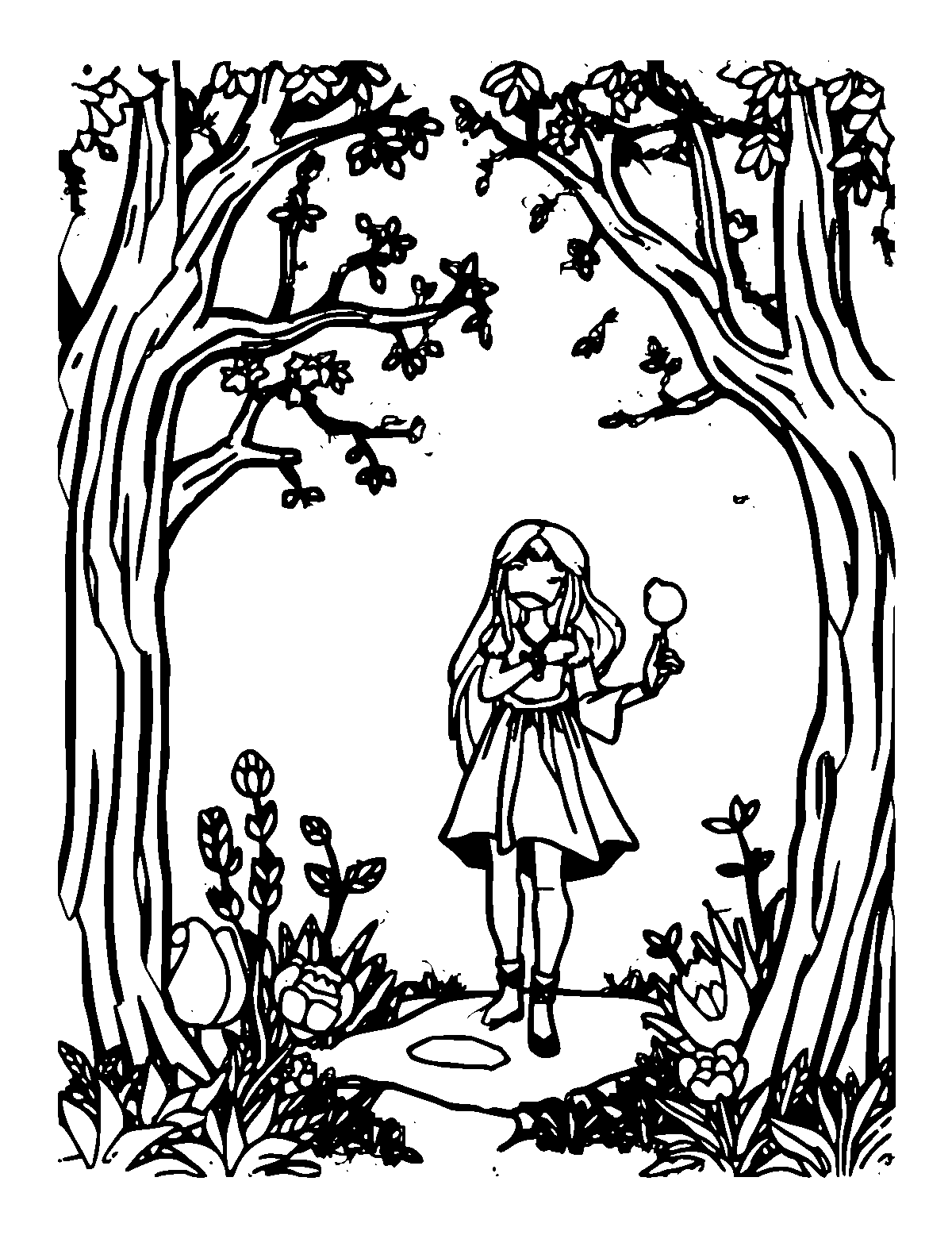 Line-art coloring page of Enchanted Forest, medium outlines, centered