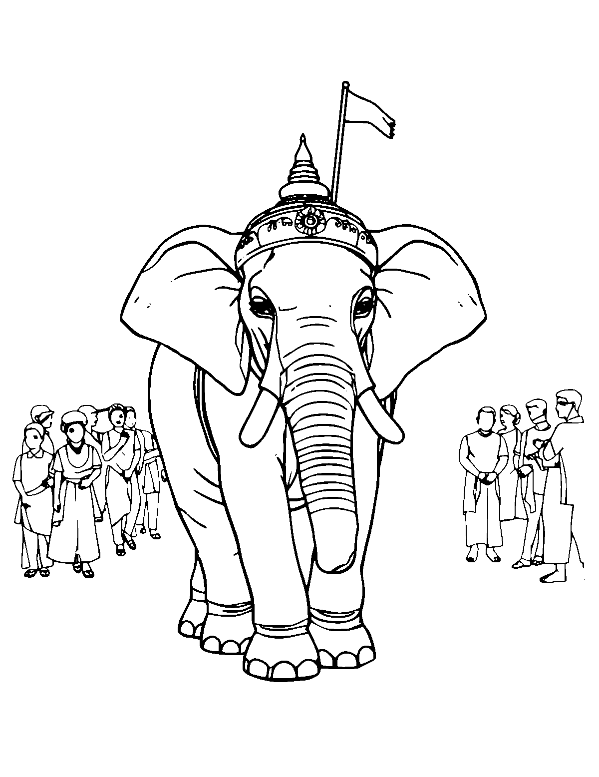 Line-art coloring page of Esala Perahera Elephant Procession, medium outlines, centered