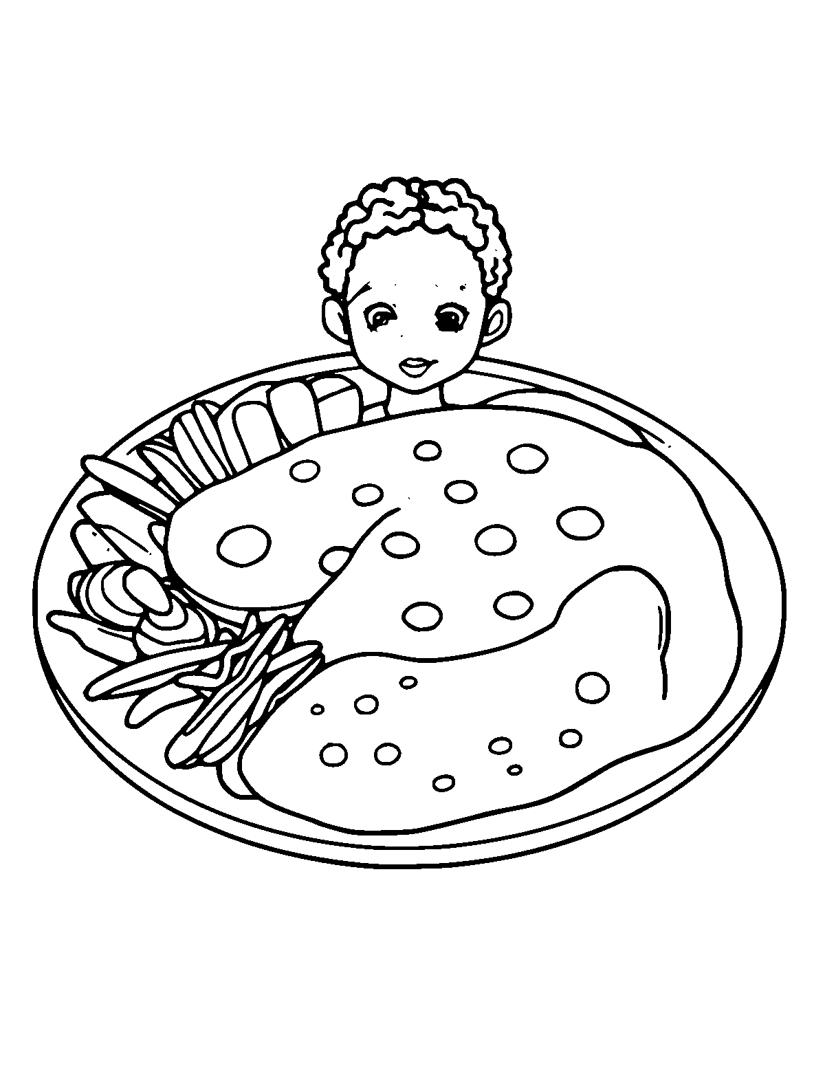 Line-art coloring page of Ethiopian Injera Platter, medium outlines, centered