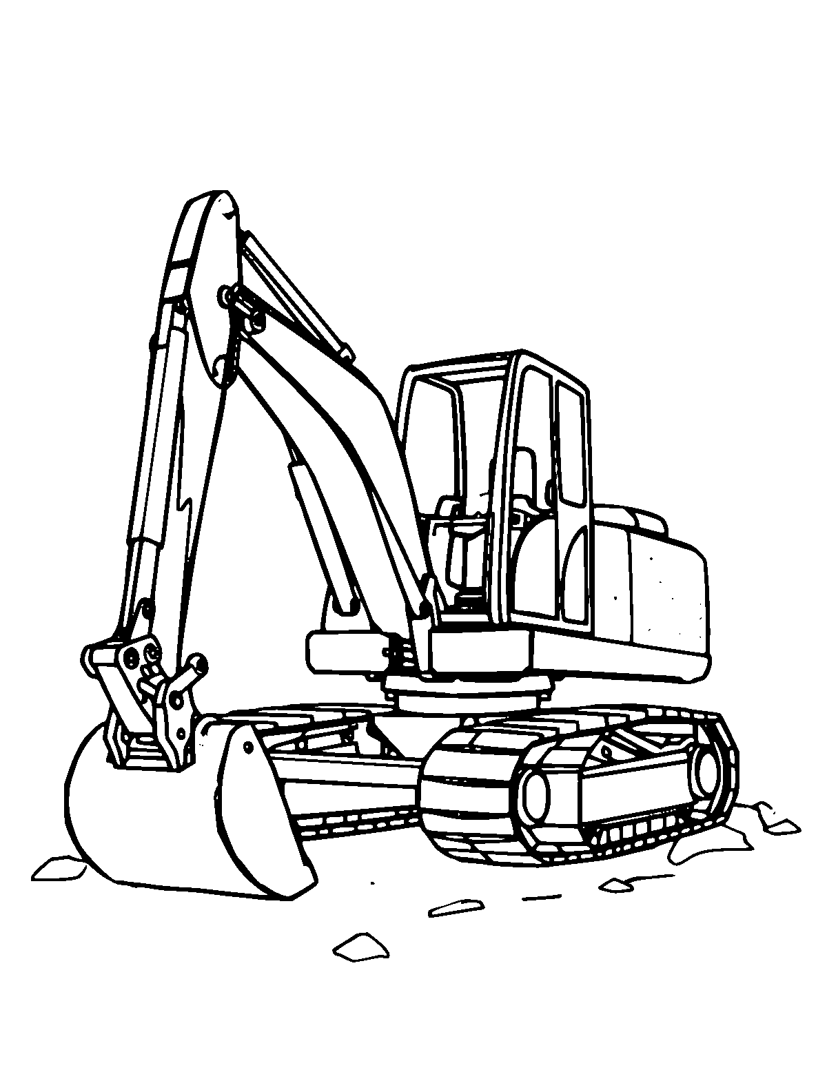 Line-art coloring page of Excavator, medium outlines, centered