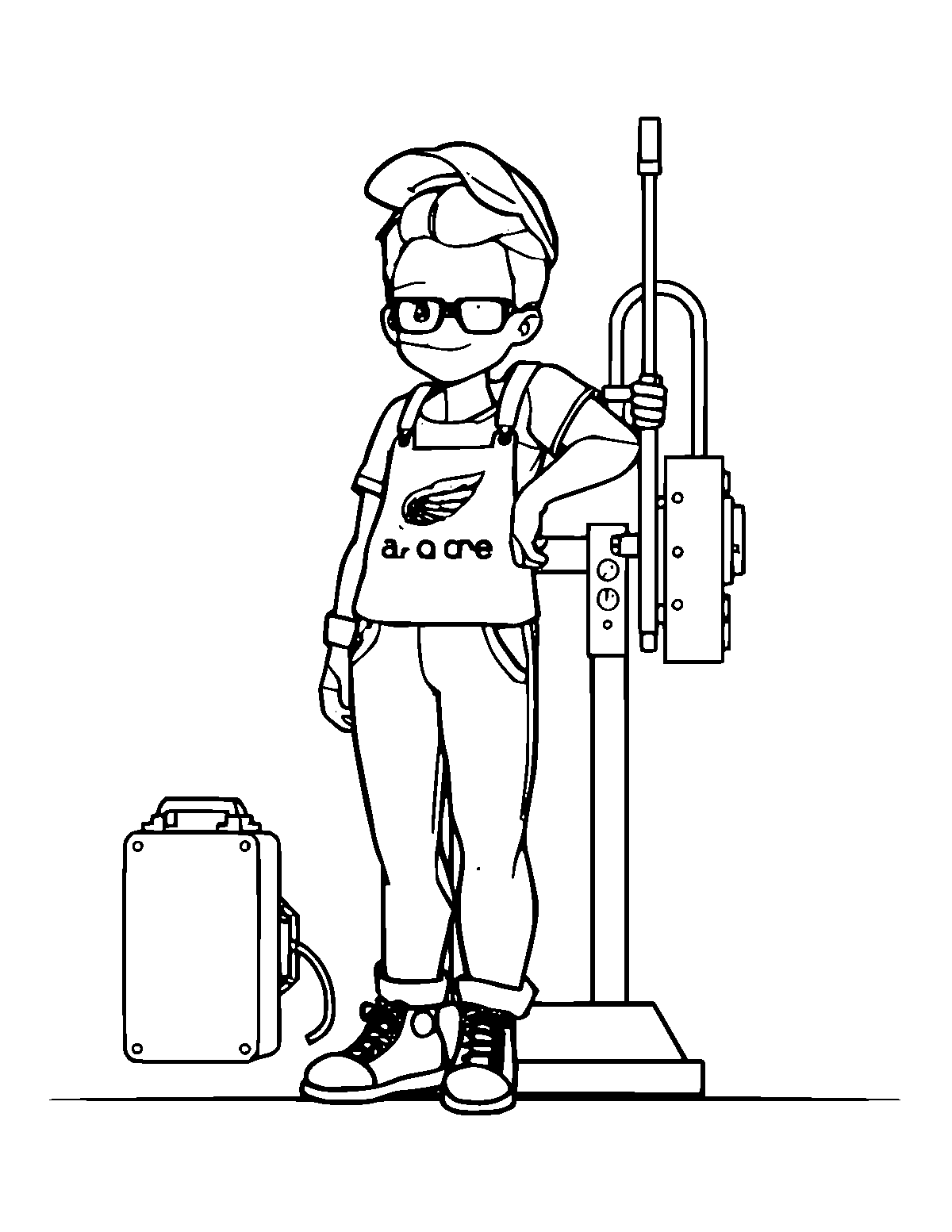 Line-art coloring page of Factory Machine, medium outlines, centered